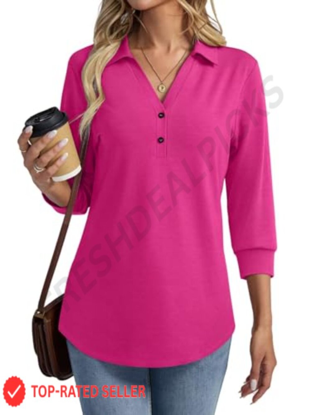 Womens 3/4 Sleeve Polo Shirt V Neck Henley Collared Top Summer